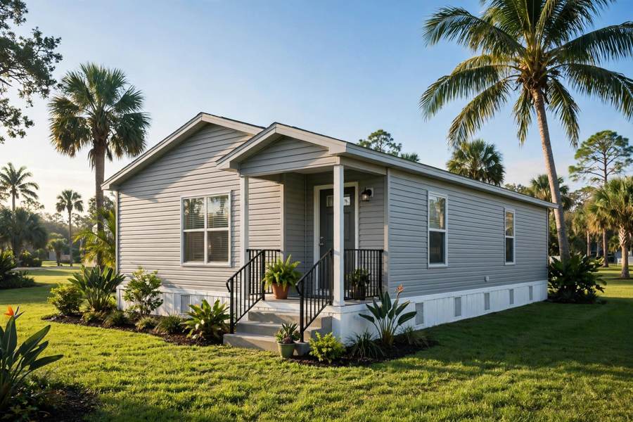 A manufactured home in Central Florida with skirting and a small porch